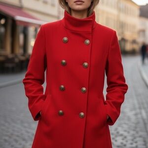 Alice + Olivia Red Wool Blend Peacoat w Leopard Lining
